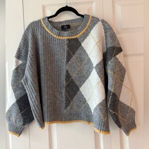 VICI Gray and White Argyle Sweater with Yellow Accents